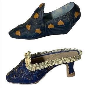 Miniature Vintage High Heel Shoe Figurine Collection Ceramic 2 Pieces Blue Multi